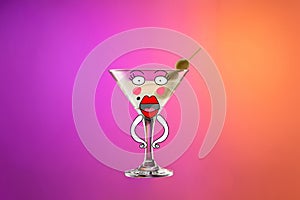 Cocktail glass with dry martini with olives isolated over gradient purple and orange color background in neon. Creative