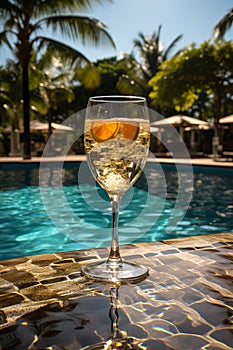 A cocktail in a glass on the edge of a pool on a sunny day