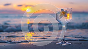 Cocktail glass with flower on sandy beach