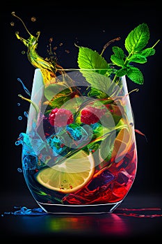 Cocktail in a glass with ice and berries on a black background