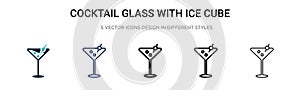 Cocktail glass with ice cube icon in filled, thin line, outline and stroke style. Vector illustration of two colored and black