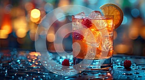 Cocktail glass with ice cubes on bar table on holiday vacation resort nightclub.Macro.AI Generative