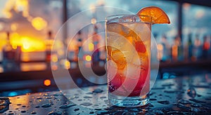 Cocktail glass with ice cubes on bar table on holiday vacation resort nightclub.Macro.AI Generative