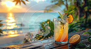 Cocktail glass with ice cubes and exotic tropical fruits on table in summer holiday resort with ocean view.Macro.AI Generative