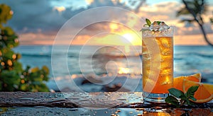Cocktail glass with ice cubes and exotic tropical fruits on table in summer holiday resort with ocean view.Macro.AI Generative