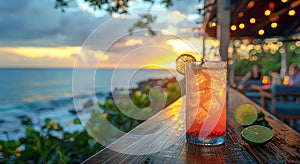 Cocktail glass with ice cubes and exotic tropical fruits on table in summer holiday resort with ocean view.Macro.AI Generative