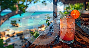 Cocktail glass with ice cubes and exotic tropical fruits on table in summer holiday resort with ocean view.Macro.AI Generative