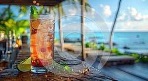 Cocktail glass with ice cubes and exotic tropical fruits on table in summer holiday resort with ocean view.Macro.AI Generative