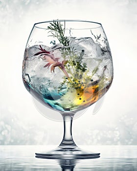 Cocktail in a glass with ice and flowers on a blurred background