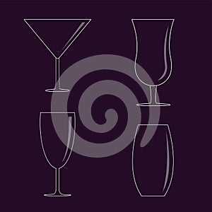 Cocktail glass icon set. Different types of glasses with cocktails. Alcohol drinks. Line art. Empty crystal glasses shape. Martini