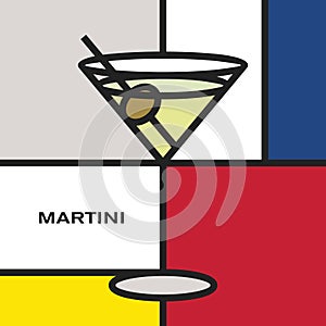 Cocktail glass with Martini cocktail. Modern style art with rectangular colour blocks. Cocktail with olive fruit.