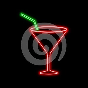 Cocktail glass neon sign. Bright glowing symbol on a black background.