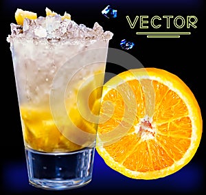 Cocktail glass with orange fruit slices and ice.