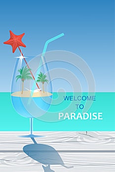 Cocktail glass with paradise island inside