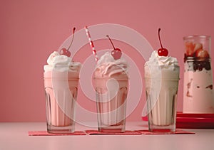 cocktail glass retro beverage milkshake pink cream drink sweet ice. Generative AI.