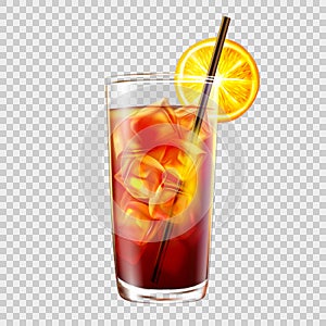 Cocktail in a glass with a straw on background of transparency, long island iced tea