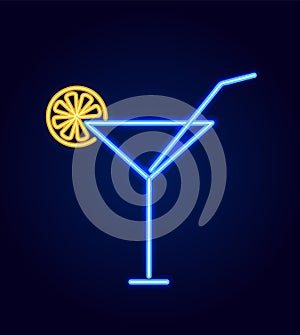 Cocktail Glass with Straw Neon Vector Illustration