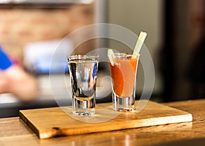 Cocktail in a glass with Tobasco and alcohol.