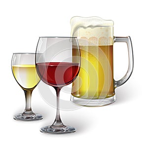 Cocktail glass, wine glass, mug with beer