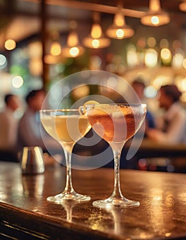 Cocktail glasses on the bar in crowded pub interior