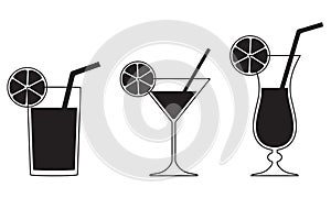 Cocktail glasses isolated on white background. Drinks icons set. Vector illustration of alcoholic beverage.