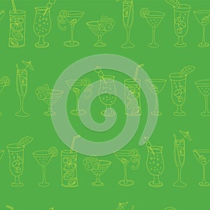 Cocktail glasses seamless vector pattern. Lime drinking glasses in a row on a green background with Cheers lettering, pineapples,