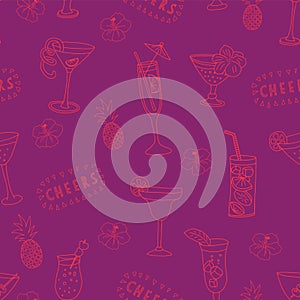 Cocktail glasses seamless vector pattern. Pink drinking glasses on a purple background with Cheers lettering, pineapples, and
