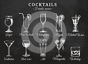 Cocktail glasses vector illustrations for drink menu. Hand drawn sketches set of alcoholic beverages beer, mojito etc.