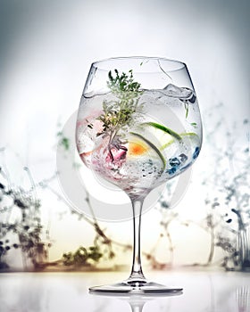 Cocktail with herbs and ice in a glass on a blurred background