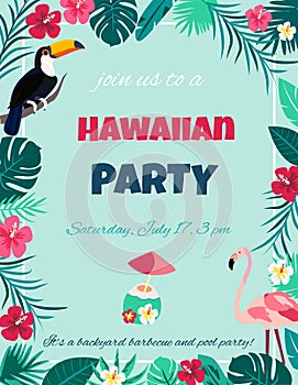 Cocktail with hibiscus flowers and palm leaves. Invitation, banner, card, poster, flyer