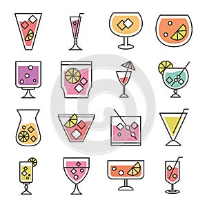Cocktail icon drink liquor alcohol glass cups delicious beverages icons set