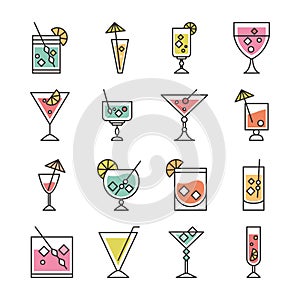 Cocktail icon drink liquor refreshing alcohol glass cups celebration event party icons set
