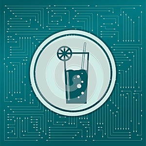 Cocktail Icon on a green background, with arrows in different directions. It appears the electronic board.