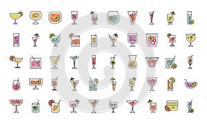 Cocktail icon liquor alcoholic drinks beverages glass cups icons set