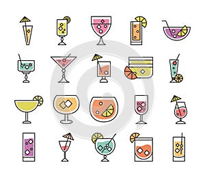 Cocktail icon liquor refreshing alcohol glass cups iced drinks icons set
