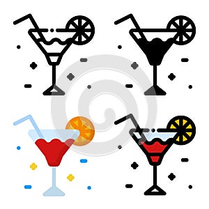 Cocktail icon set. Colorful cartoon cocktail icon. Cocktail glass with lemon slice. Cocktail logo. Vector illustration