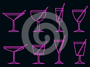 Cocktail icon set in line art style. Collection of alcoholic drinks isolated on black background. Design for printing, banners