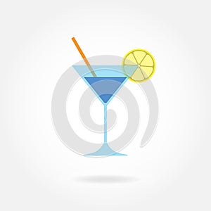 Cocktail icon or sign. Colorful Martini glass with lemon and drinking straw isolated on white backround. Vector illustration.