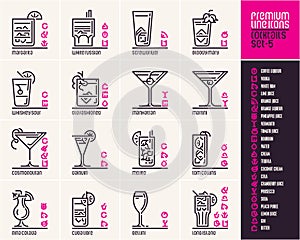 Cocktail icons, top cocktails set line icons, cocktail ingredients pictograms, drinks vector icons