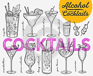 Cocktail illustration, vector hand drawn alcohol drinks