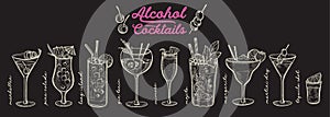 Cocktail illustration, vector hand drawn alcohol drinks