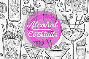 Cocktail illustration, vector hand drawn alcohol drinks