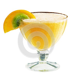 Cocktail with kiwi and orange over white background.