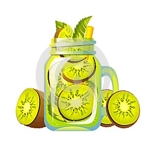 Cocktail with kiwi on a white background. Summer juice with kiwi. Smoothie with fresh fruit. Lemonade with kiwi.