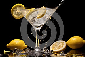 Cocktail with lemon and ice on a black background. Close-up. A chilled martini glass with a twist of lemon, AI Generated