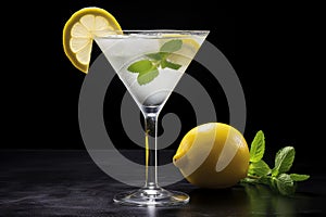 Cocktail with lemon, mint and ice on a black background, A chilled martini glass with a twist of lemon, AI Generated