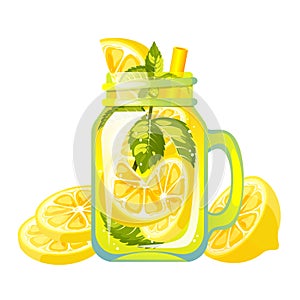 Cocktail with lemon. Refreshing drink in a jar with lemon. Summer lemon juice. Smoothie with fresh fruit. Lemonade with lemon.