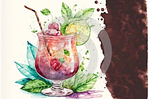 Cocktail with lime, mint leaves and strawberries on a light background with a watercolor blot.