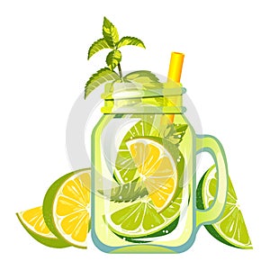 Cocktail with lime. A refreshing drink in a can with juicy lime. Summer juice with lime. Smoothie with fresh fruit.