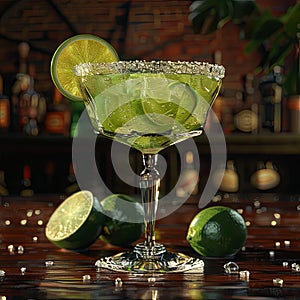 Cocktail with lime slice in martini glass on table